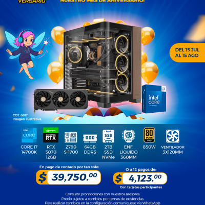 PROMO PCTECHVERSARIO: PC Gamer INTEL Core i7 14700K, RTX 5070 12GB, 64GB RAM, 2TB SSD, Enf. Líquido