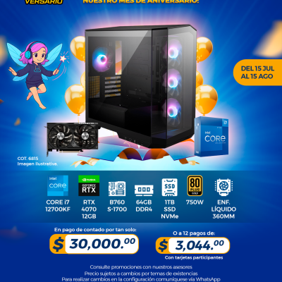 PROMO PCTECHVERSARIO: PC Gamer INTEL Core i7 12700KF, RTX 4070 12GB, 64GB RAM, 1TB SSD, Enf. Líquido