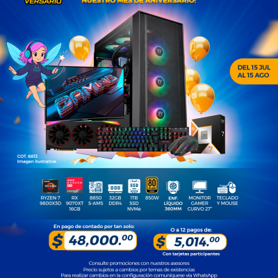 PROMO PCTECHVERSARIO: PC Gamer AMD Ryzen 7 9800X3D, RX 9070XT 16GB, 32GB RAM, 1TB SSD, Enf. Líquido, Monitor 27", Teclado, Mouse