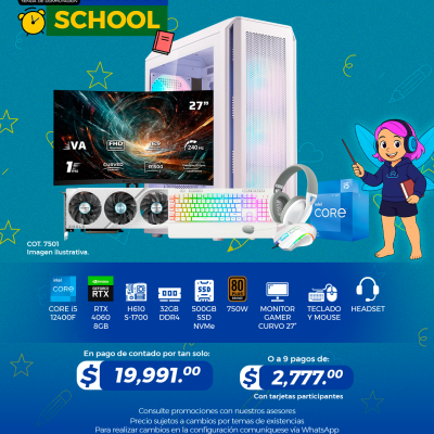 Promo Back To School: PC GAMER INTEL Core i5 12400F, RTX 4060 8GB, 32GB RAM, 500GB SSD, Monitor Gamer 27", Teclado, Mouse y Audifonos