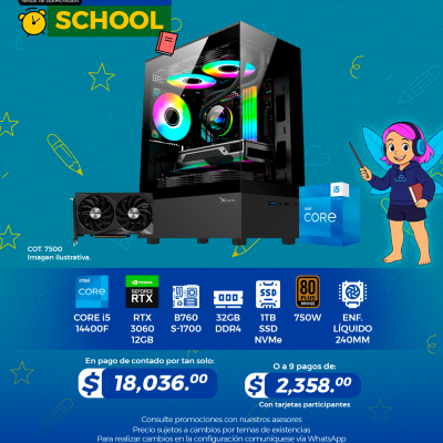 Promo Back To School: PC GAMER INTEL Core i5 14400F, RTX 3060 12GB, 32GB RAM, 1TB SSD, Enf. liquido