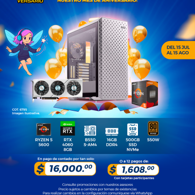PROMO PCTECHVERSARIO: PC Gamer AMD Ryzen 5 5600, RTX 4060 8GB, 16GB RAM, 500GB SSD
