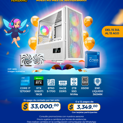 PROMO PCTECHVERSARIO: PC Gamer INTEL Core i7 12700KF, RTX 5070Ti 16GB, 64GB RAM, 2TB SSD, Enf. Líquido