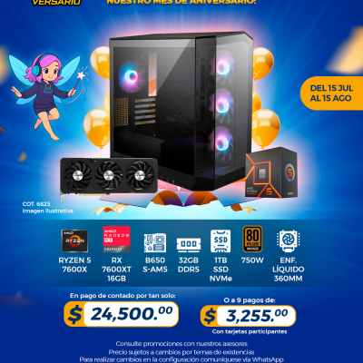 PROMO PCTECHVERSARIO: PC Gamer AMD Ryzen 5 7600X, RX 7600XT 16GB, 32GB RAM, 1TB SSD, Enf. Líquido