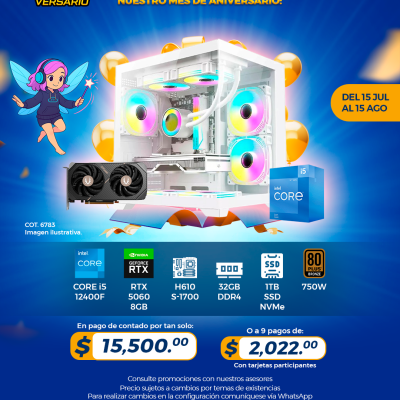 PROMO PCTECHVERSARIO: PC Gamer INTEL Core i5 12400F, RTX 5060 8GB, 32GB RAM, 1TB SSD