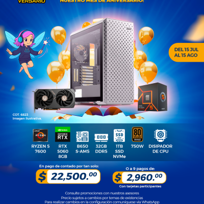 PROMO PCTECHVERSARIO: PC Gamer AMD Ryzen 5 7600, RTX 5060 8GB, 32GB RAM, 1TB SSD