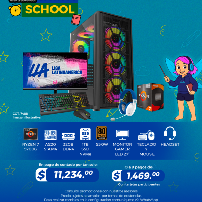 Promo Back To School: PC GAMER AMD Ryzen 7 5700G, 32GB RAM, 1TB SSD, Monitor 27", Teclado, Mouse y Audifonos