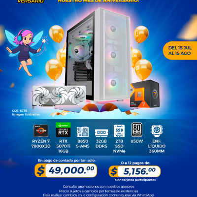 PROMO PCTECHVERSARIO: PC Gamer AMD Ryzen 7 7800X3D, RTX 5070Ti 16GB, 32GB RAM, 2TB SSD, Enf. Líquido