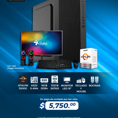PROMO: EQUIPO IRON AMD Athlon 3000G, 16GB RAM, 512GB SSD, Monitor, Teclado, Mouse y Bocinas