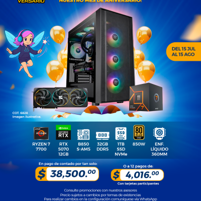 PROMO PCTECHVERSARIO: PC Gamer AMD Ryzen 7 7700, RTX 5070 12GB, 32GB RAM, 1TB SSD, Enf. Líquido
