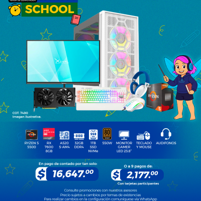Promo Back To School: PC GAMER AMD Ryzen 5 5500, RX 7600 8GB, 32GB RAM, 1TB SSD, Monitor 23.8", Teclado, Mouse y Audifonos