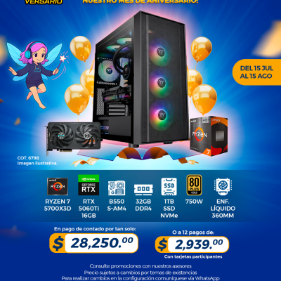PROMO PCTECHVERSARIO: PC Gamer AMD Ryzen 7 5700X3D, RTX 5070Ti 16GB, 32GB RAM, 1TB SSD, Enf. Líquido