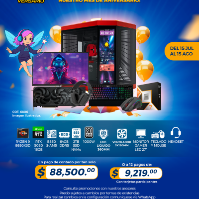 PROMO PCTECHVERSARIO: PC Gamer AMD Ryzen 9 9950X3D, RTX 5080 16GB, 64GB RAM, 2TB SSD, Enf. Líquido, Monitor 27", Teclado, Mouse,  Headset