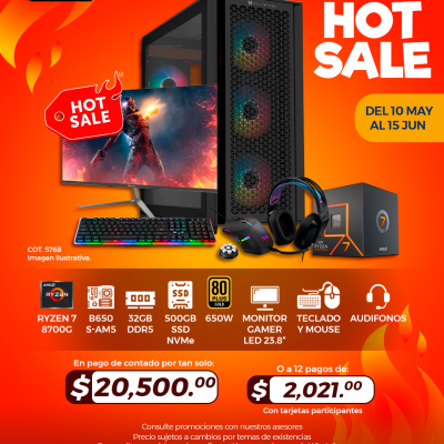 HOT SALE: PC GAMER AMD Ryzen 7 8700G, 32GB RAM, 500GB SSD, Monitor Gamer 23.8", Teclado, Mouse y Audífonos