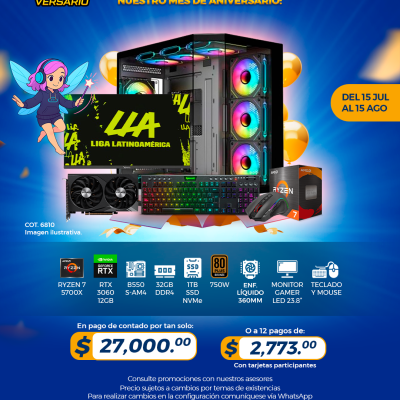 PROMO PCTECHVERSARIO: PC Gamer AMD Ryzen 7 5700X, RTX 3060 12GB, 32GB RAM, 1TB SSD, Enf. Líquido, Monitor 23.8", Teclado, Mouse