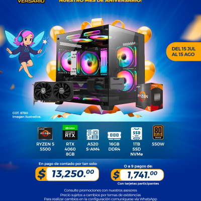 PROMO PCTECHVERSARIO: PC Gamer AMD Ryzen 5 5500, RTX 4060 8GB, 16GB RAM, 1TB SSD