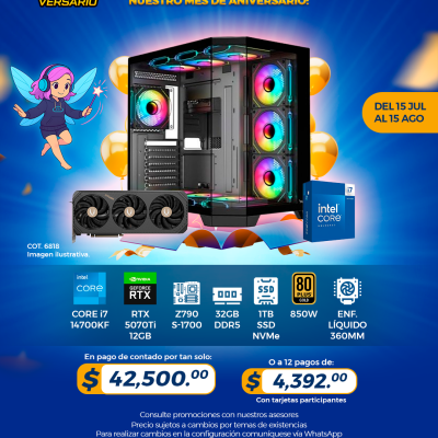 PROMO PCTECHVERSARIO: PC Gamer INTEL Core i7 14700KF, RTX 5070Ti 12GB, 32GB RAM, 1TB SSD, Enf. Líquido