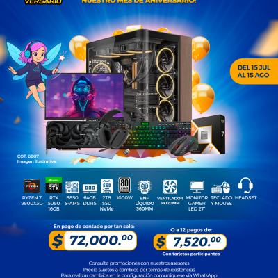 PROMO PCTECHVERSARIO: PC Gamer AMD Ryzen 7 9800X3D, RTX 5080 16GB, 64GB RAM, 2TB SSD, Enf. Líquido, Monitor 27", Teclado, Mouse,  Headset