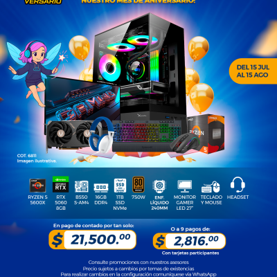 PROMO PCTECHVERSARIO: PC Gamer AMD Ryzen 5 5600X, RTX 5060 8GB, 16GB RAM, 1TB SSD, Enf. Líquido, Monitor 27", Teclado, Mouse, Audifonos