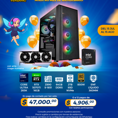 PROMO PCTECHVERSARIO: PC Gamer INTEL Core Ultra 265K, RTX 5070Ti 12GB, 64GB RAM, 2TB SSD, Enf. Líquido