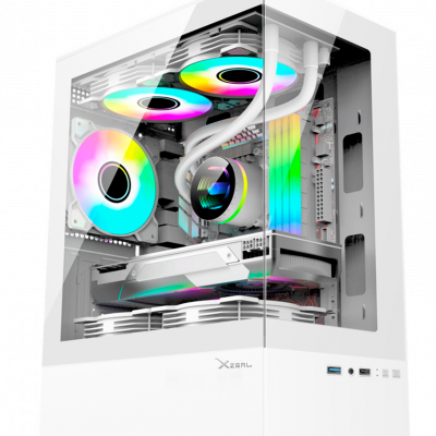 Gabinete Xzeal X-Zynergy M-ATX/ITX 1xUSB1.0 + 1x USB3.0 + 3.5 mm + 3 Fans RGB Blanco