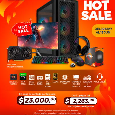 HOT SALE: PC GAMER AMD Ryzen 5 5600X, RTX 3060, 32GB RAM, 1TB SSD, Monitor Gamer 23.8", Teclado, Mouse y Audífonos