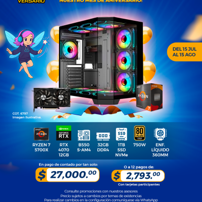 PROMO PCTECHVERSARIO: PC Gamer AMD Ryzen 7 5700X, RTX 4070 12GB, 32GB RAM, 1TB SSD, Enf. Líquido